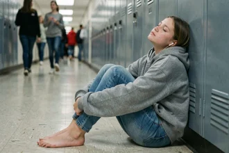 Adolescente épuisée assise contre des casiers scolaires, exprimant le ras-le-bol typique des ados