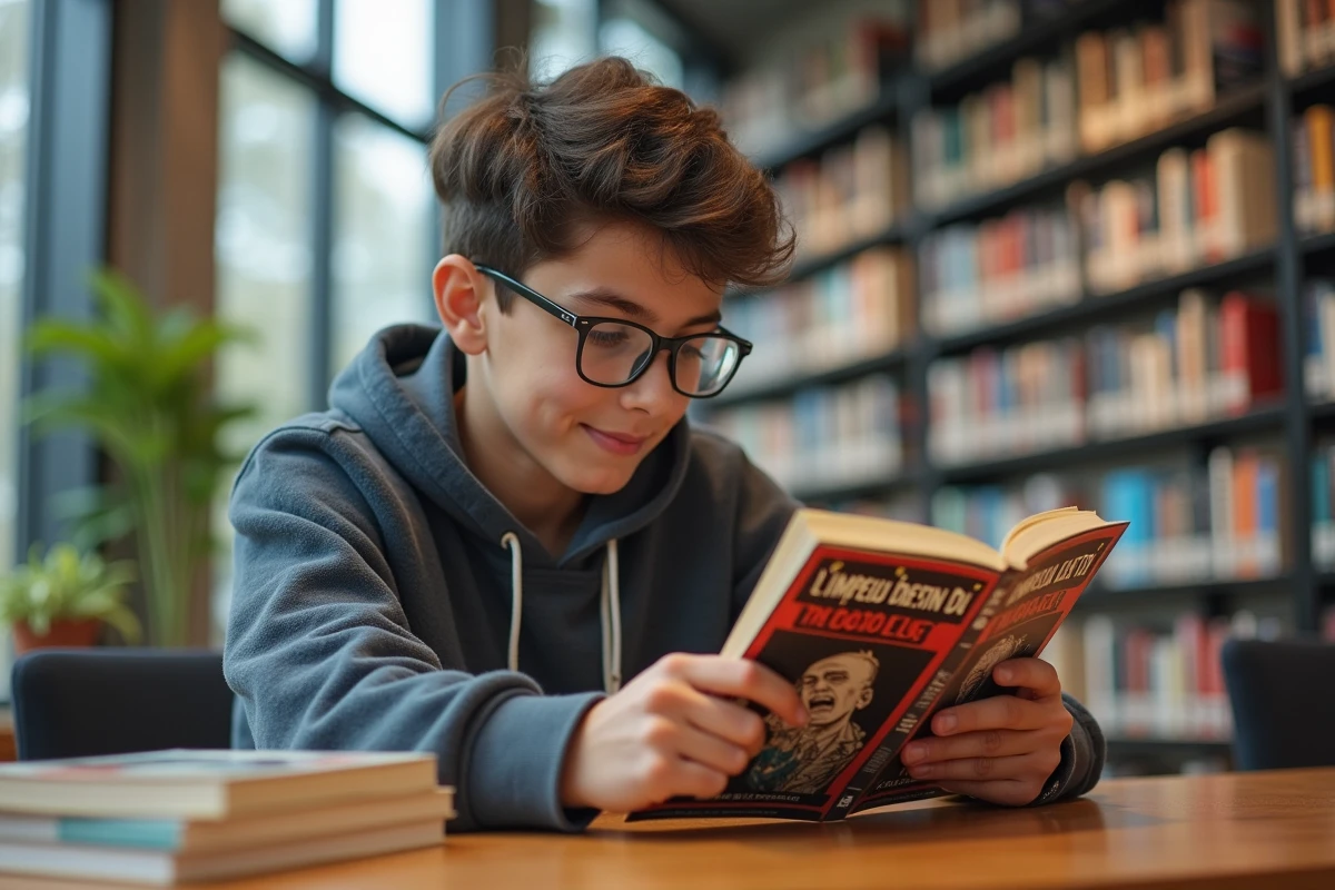 Adolescent lisant un manga dans une bibliothèque moderne