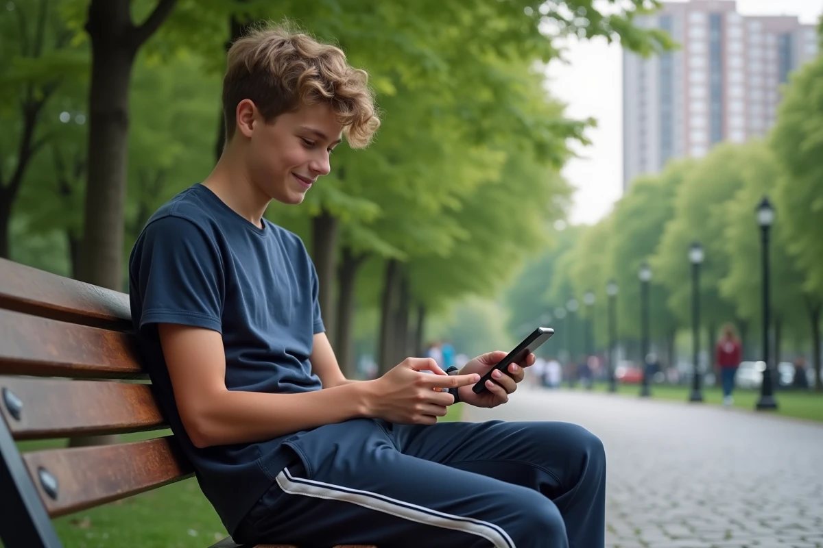 Adolescent utilisant smartphone dans un parc urbain