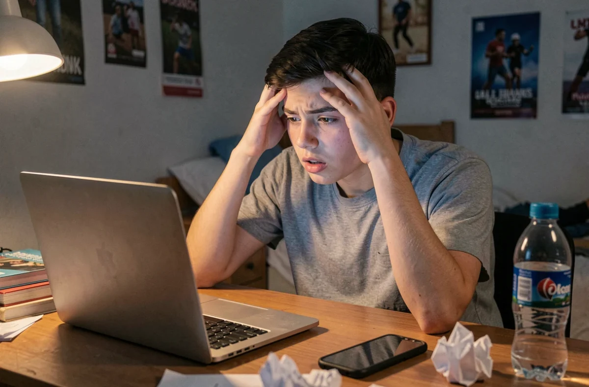 Adolescent stressé devant son ordinateur portable dans sa chambre, exprimant une frustration intense face aux devoirs
