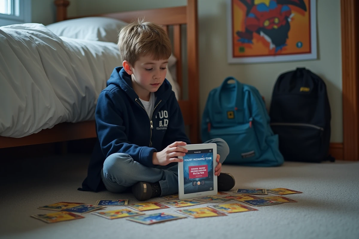 Adolescent entouré de cartes Pokémon physiques regardant une tablette affichant un avertissement de sécurité sur un site de cadeaux douteux