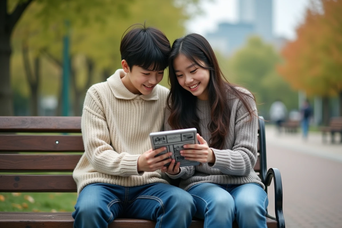 Deux adolescents partageant la lecture d'un manga sur une tablette dans un parc en automne