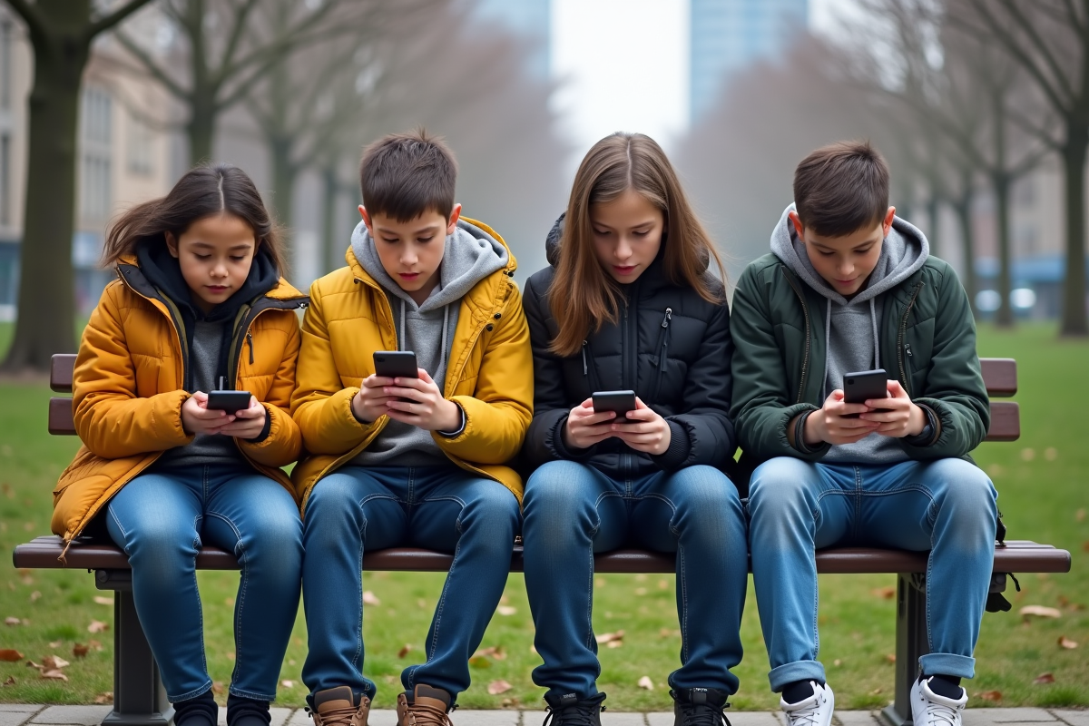 Groupe d adolescents sur un banc avec leurs téléphones
