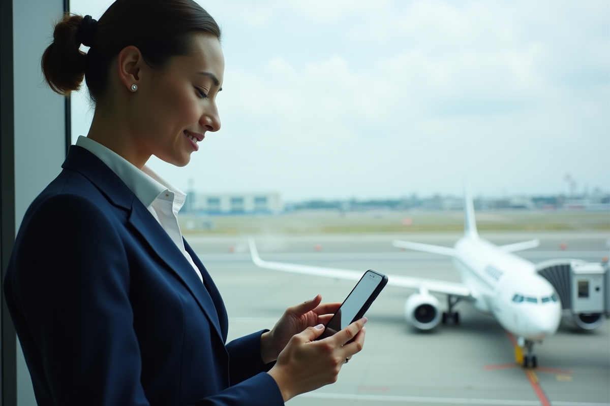 Agent Air France utilisant une application mobile près d
