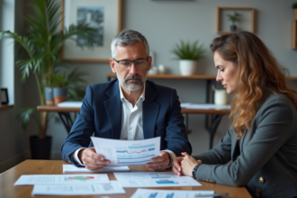 Agent immobilier en costume avec couple dans un bureau