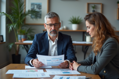 Agent immobilier en costume avec couple dans un bureau