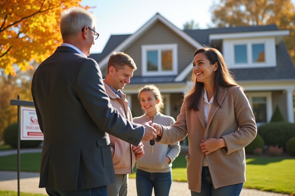 Agent immobilier donnant les clés à une famille devant une maison moderne