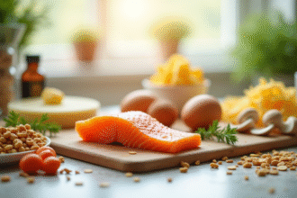 Aliments riches en vitamine D sur plan de travail lumineux