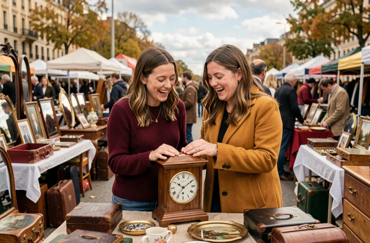Deux femmes riant devant une horloge ancienne lors d'une grande braderie urbaine de week-end