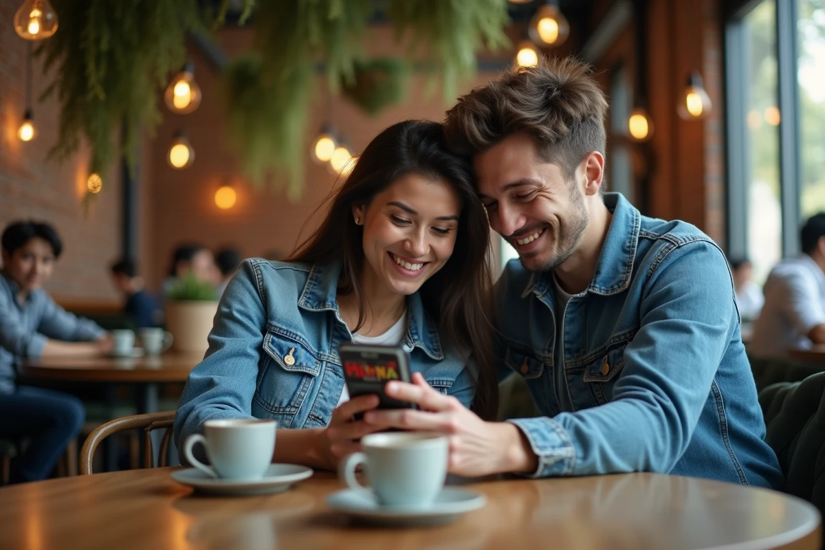 Deux amis partageant la lecture d'un manga sur smartphone dans un café urbain moderne