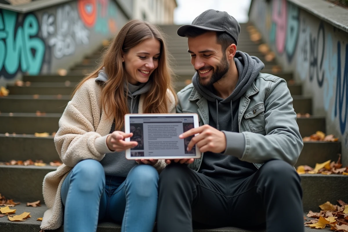 Deux amis partageant la lecture d'un manga VF sur tablette assis dans un cadre urbain