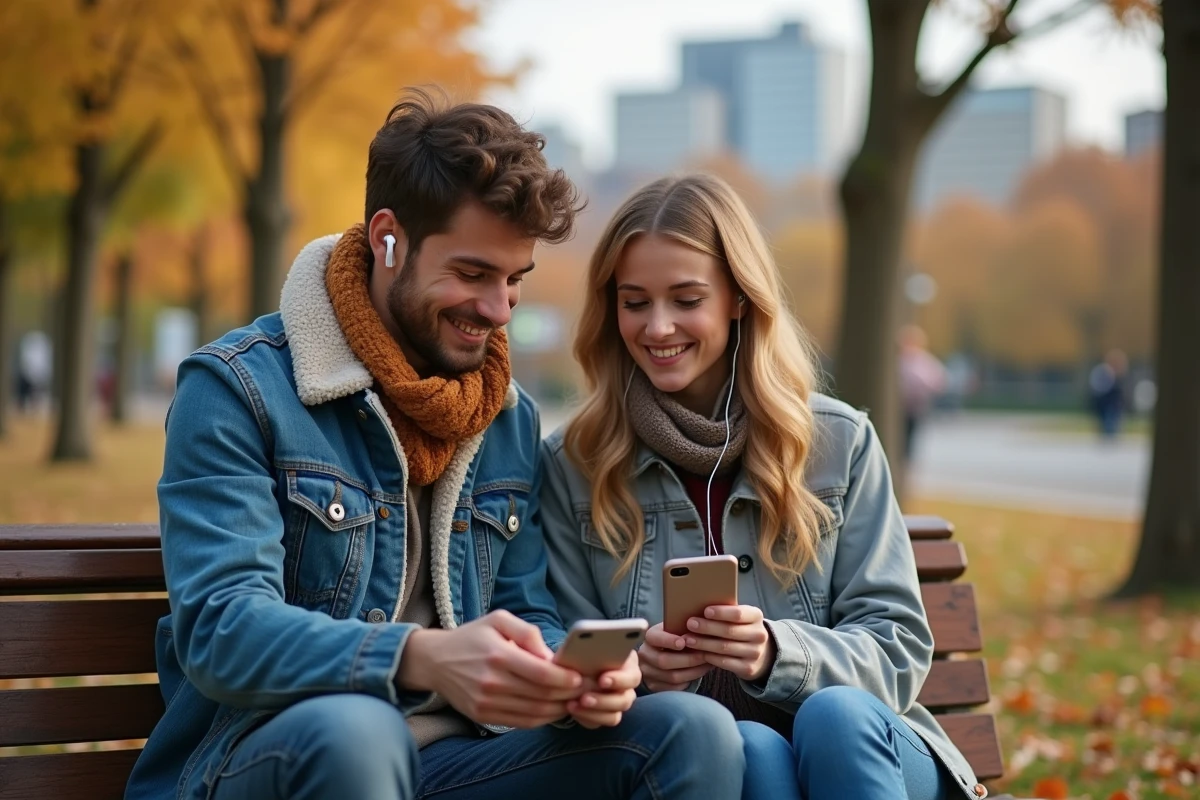 Deux amis lisant ensemble un webtoon sur smartphone dans un parc en automne