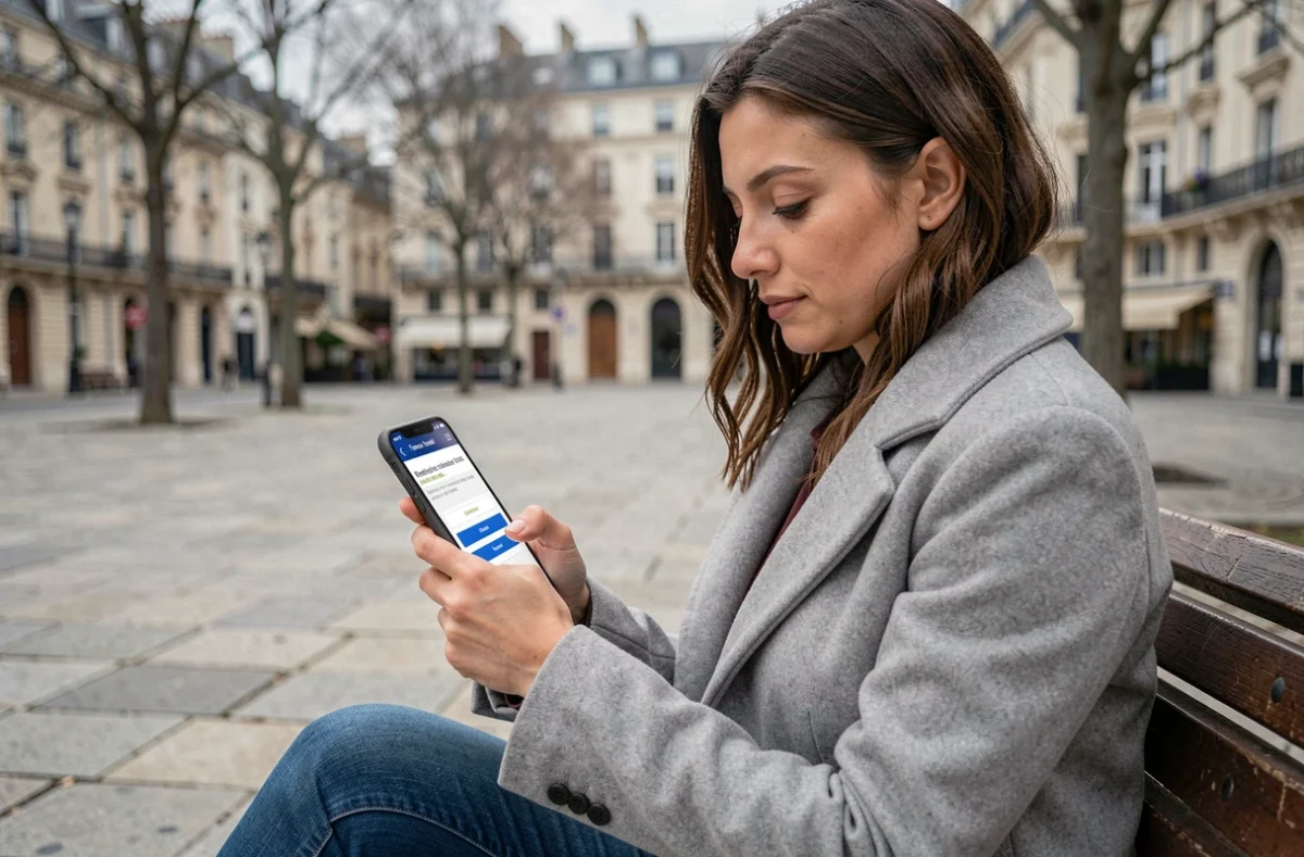 Jeune femme utilisant l'application mobile France Travail sur son smartphone pour changer son adresse depuis un espace public