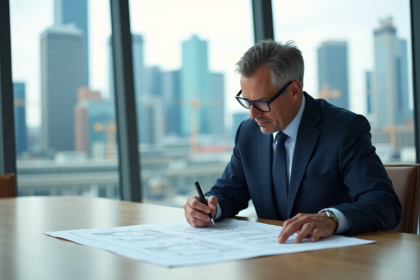 Homme d'affaires en costume bleu examine des plans architecturaux