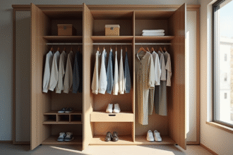 Armoire moderne bien organisee avec vetements colorés et lumiere naturelle