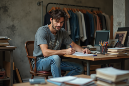 Jeune homme en studio dessinant avec concentration