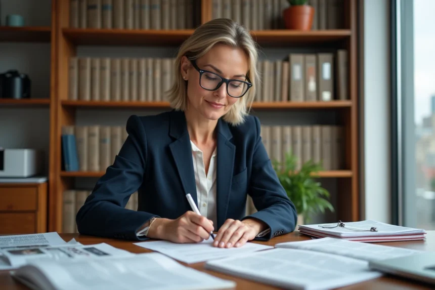 Avocate en droit public analysant la lettre juridique de l'ALDPE dans un bureau moderne avec des documents annotés