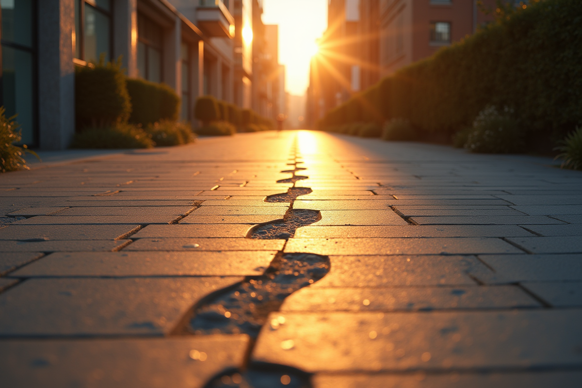 Trottoir urbain avec empreintes de pas au lever du soleil