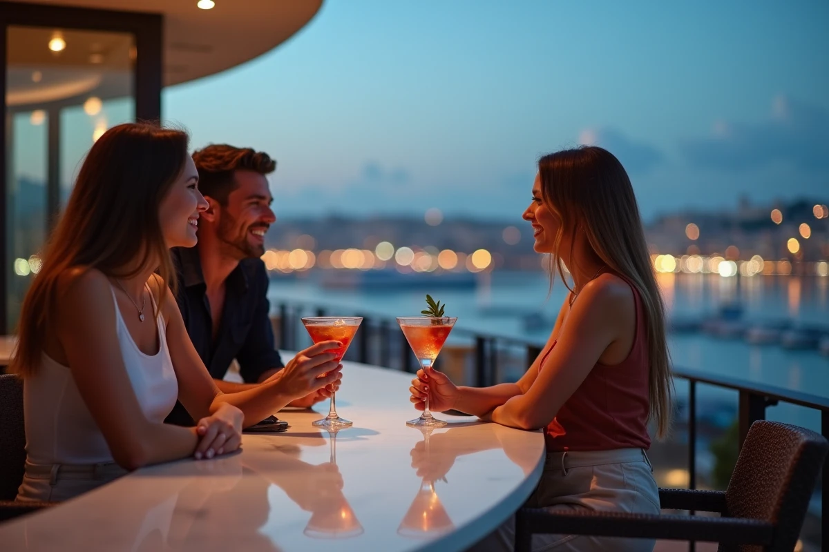 Groupe d'amis profitant d'un bar rooftop à Marseille avec vue sur le port en soirée
