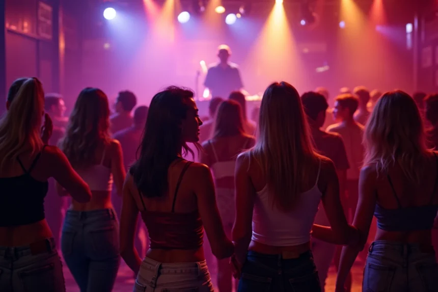Danseurs dans une boîte de nuit animée à Marseille avec ambiance colorée et DJ en arrière-plan