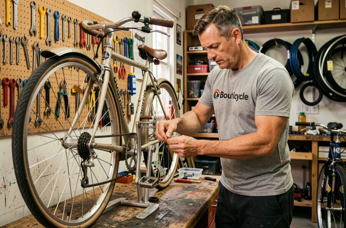 Mécanicien de Bouticycle à Clamart installant une nouvelle chaîne sur un vélo urbain vintage en atelier