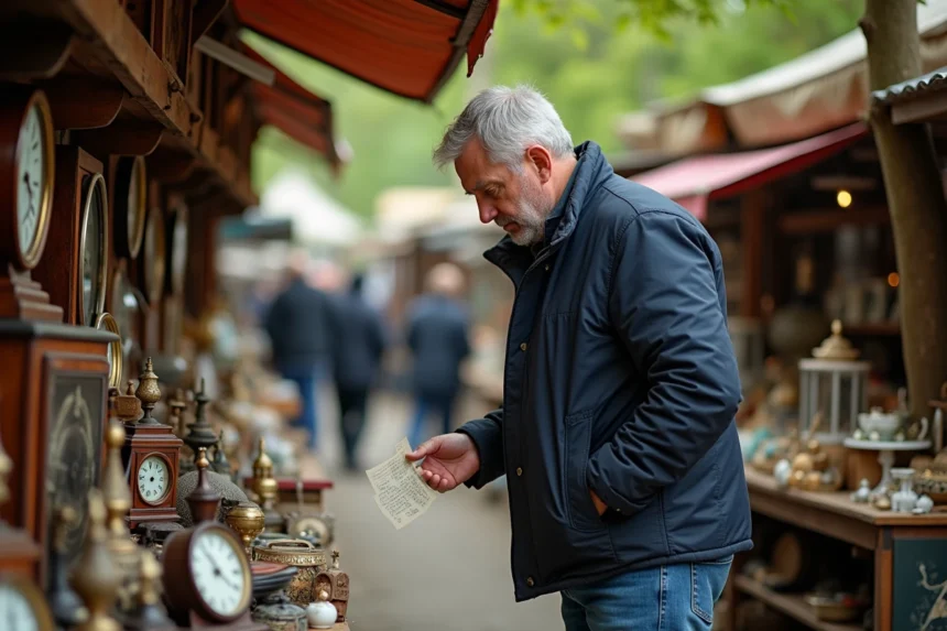 Homme d'âge moyen cherchant des objets vintage au marché en plein air