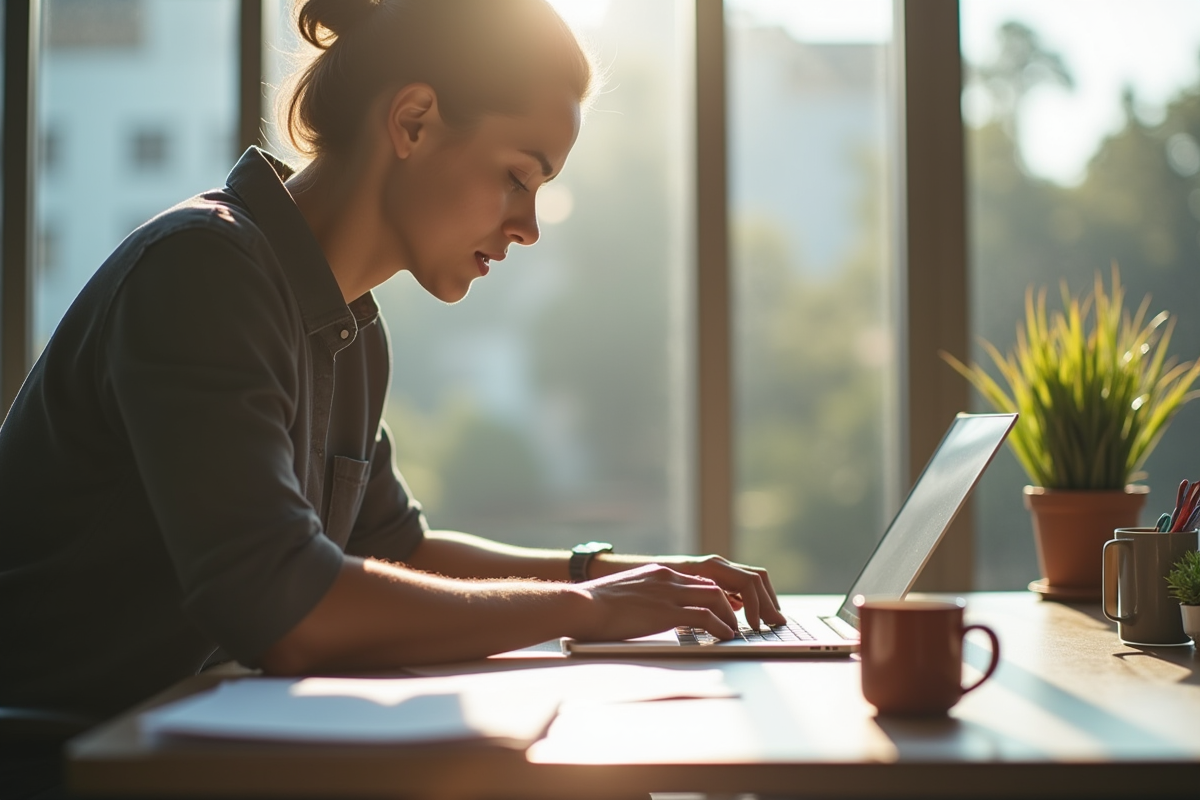 Espace de travail moderne avec personne utilisant un ordinateur portable
