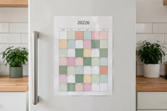 Calendrier magnétique 2026 affiché sur un réfrigérateur blanc dans une cuisine scandinave moderne