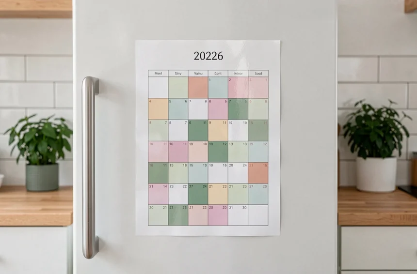 Calendrier magnétique 2026 affiché sur un réfrigérateur blanc dans une cuisine scandinave moderne