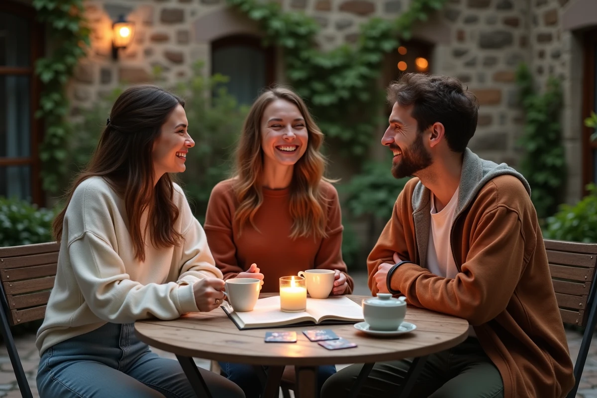 Groupe d'amis réunis autour d'un journal d'astrologie et de cartes du zodiaque en plein air, illustrant les qualités sociales et émotionnelles du Cancer du 12 juillet