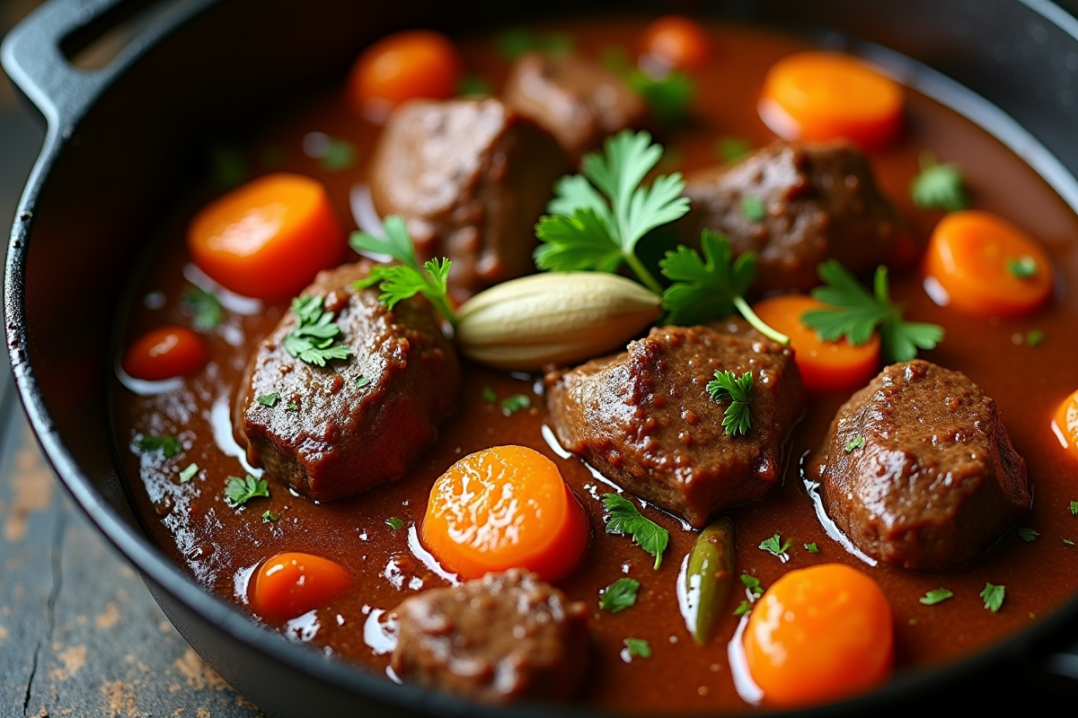 Gros plan sur carbonade flamande dans une cocotte en fonte
