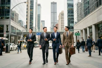 Centre financier moderne d'un pays développé avec gratte-ciels en verre et professionnels en costume dans une rue propre et bien entretenue
