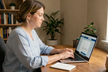 Femme en train de modifier son adresse sur le site France Travail depuis un ordinateur portable à son bureau à domicile