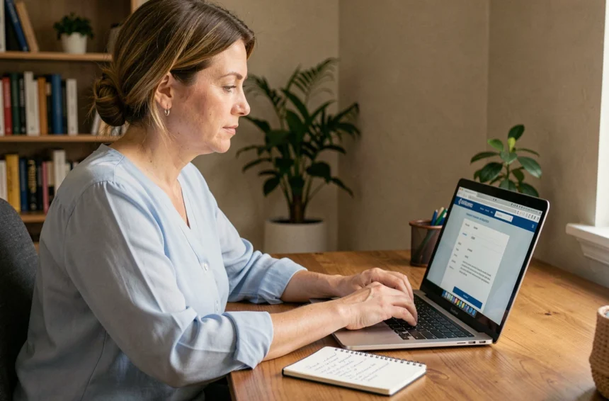 Femme en train de modifier son adresse sur le site France Travail depuis un ordinateur portable à son bureau à domicile