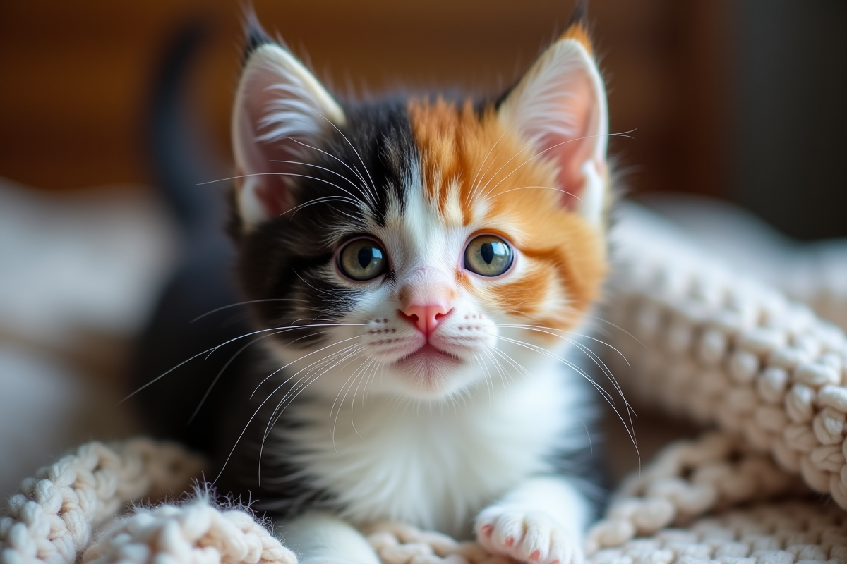 Chaton calico blanc noir orange sur une couverture douillette
