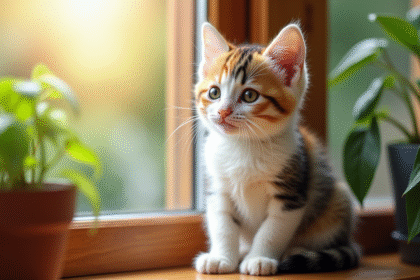 Chaton tricolore blanc orange et noir sur une fenêtre ensoleillée