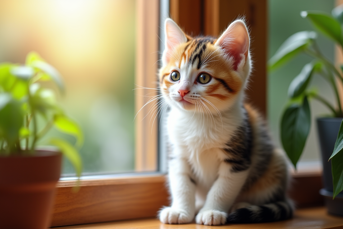 Chaton tricolore blanc orange et noir sur une fenêtre ensoleillée