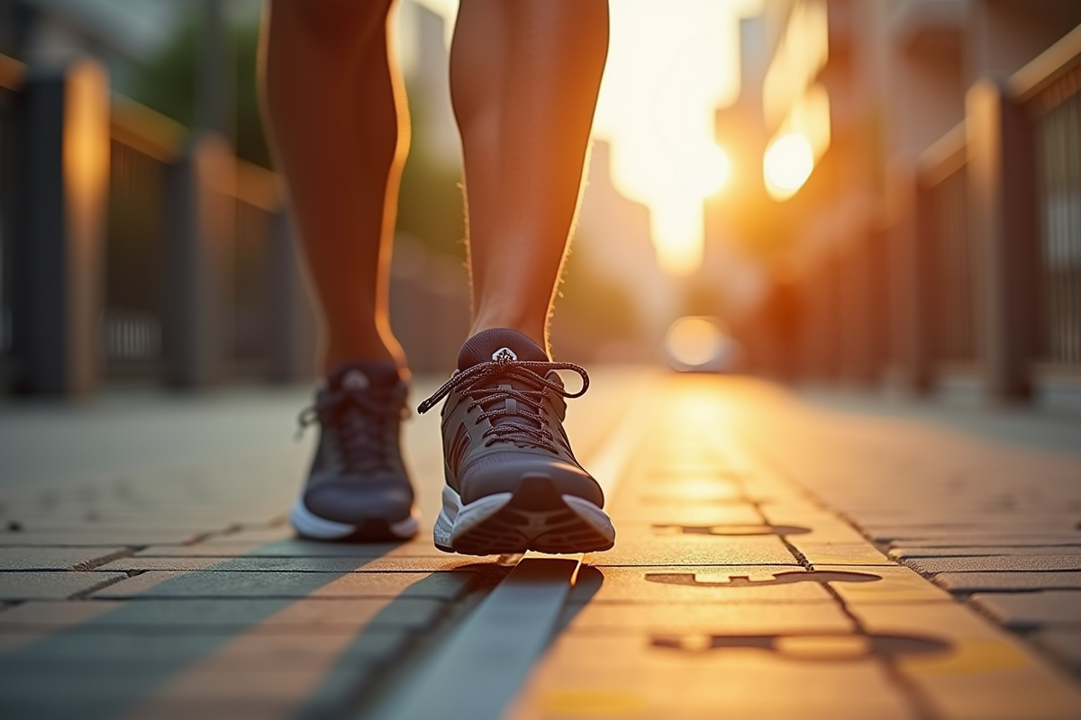 Détail de chaussures de course sur un trottoir en ville