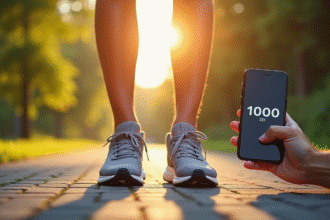 Chaussures de sport sur un chemin ensoleille avec smartphone