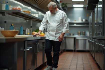 Chef en cuisine inspectant ses chaussures professionnelles