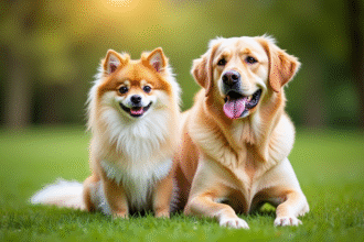 Chien Spitz et Labrador sur l'herbe en plein jour