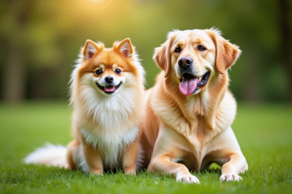 Chien Spitz et Labrador sur l'herbe en plein jour