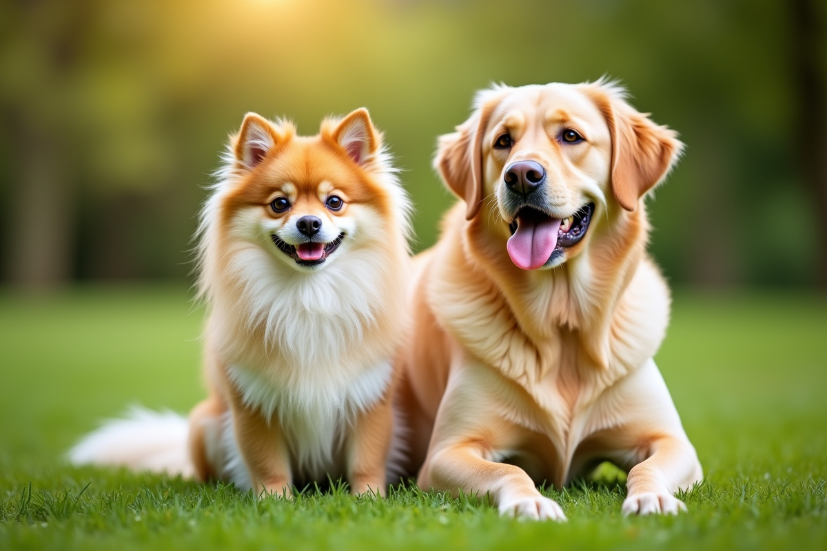 Chien Spitz et Labrador sur l'herbe en plein jour