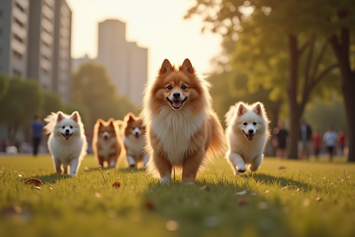Chien Spitz dans un parc urbain avec d