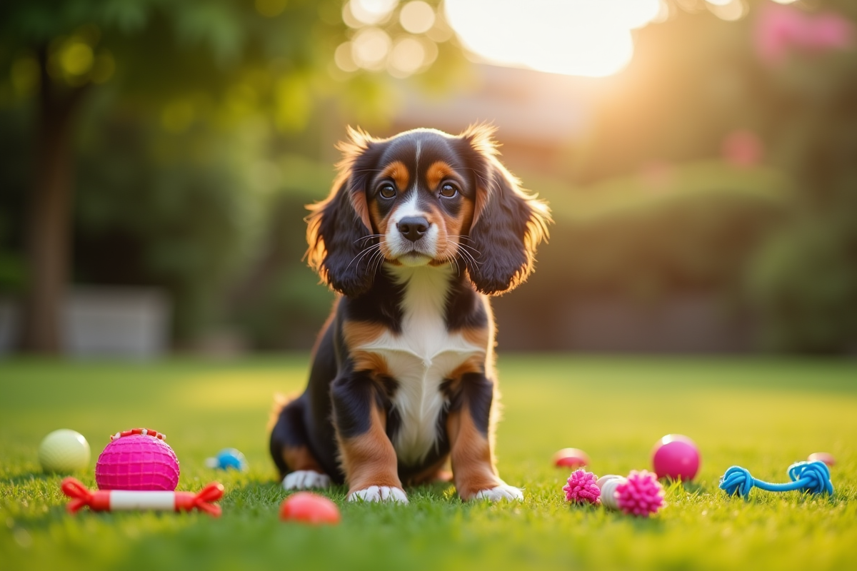Chiot cavalier king charles dans le jardin avec jouets