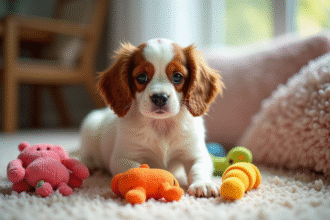 Chiot cavalier king charles dans la maison avec jouets colorés