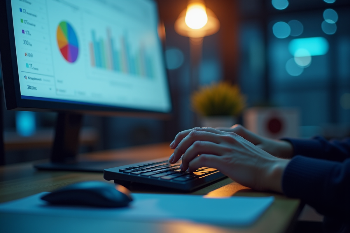 Mains tapant sur clavier avec écran affichant un tableau de gestion