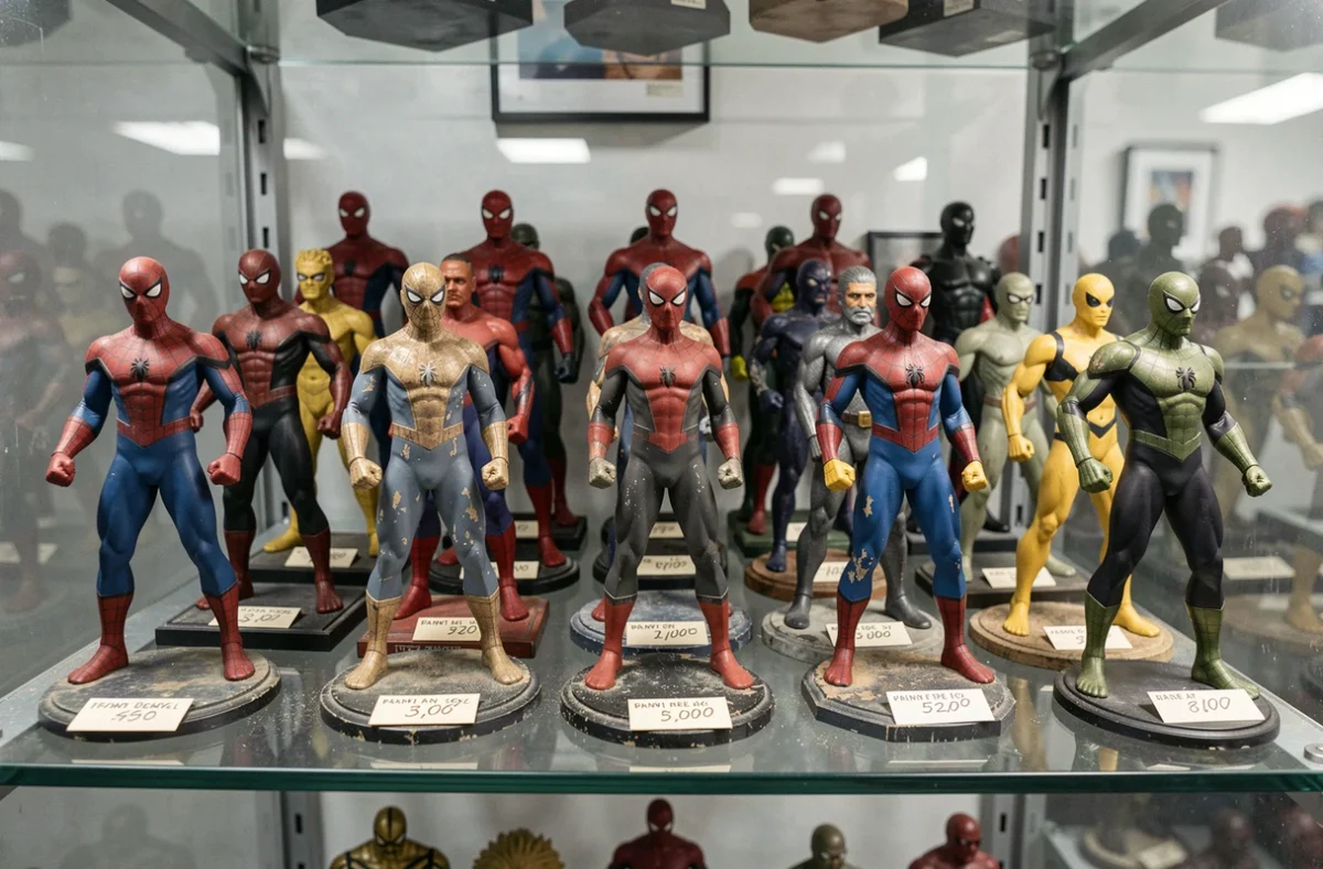 Collection de figurines vintage Spider-Man sur étagère en verre avec étiquettes de prix manuscrites pour comparer leur valeur selon l'état et l'époque