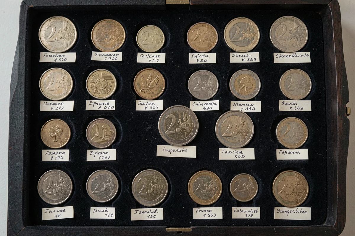 Plateau de collection de pièces de 2 euros européennes rares classées sur velours sombre, vue du dessus