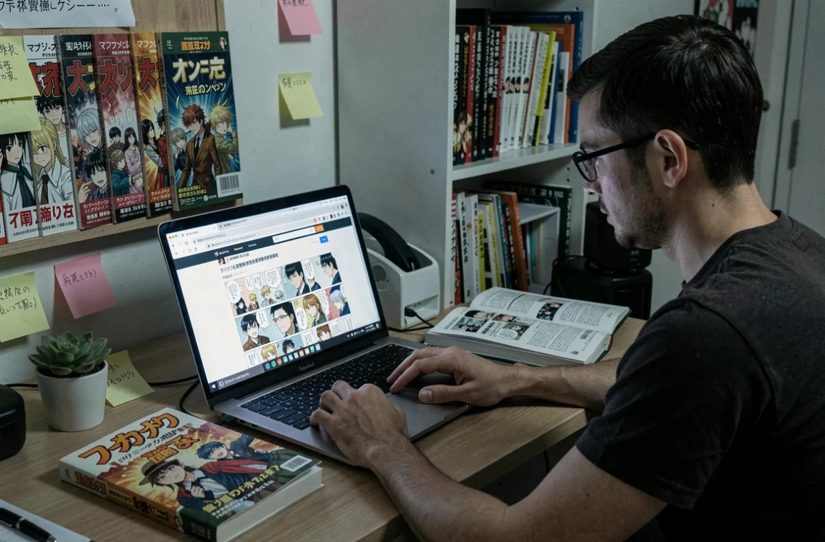 Homme comparant la lecture de manga en ligne sur ordinateur portable avec un volume physique édité et traduit officiellement